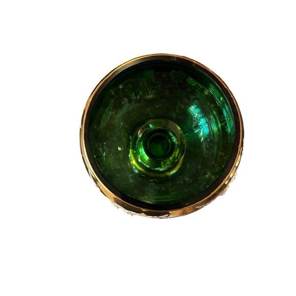 Bohemia Czech Emerald Green Chalice Art Glass Goblet Gold Textured Paint Flowers - Picture 4 of 5